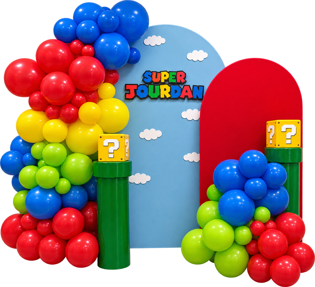 Super Mario themed balloon installation with double arch backdrop and pipe props