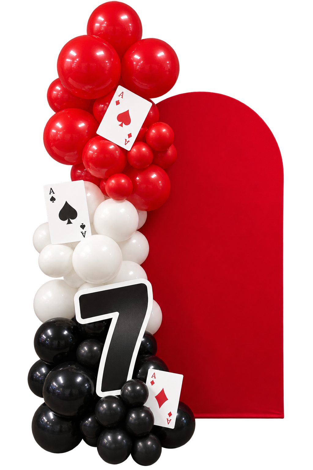 Red, white and black casino themed balloon garland with playing cards and number seven