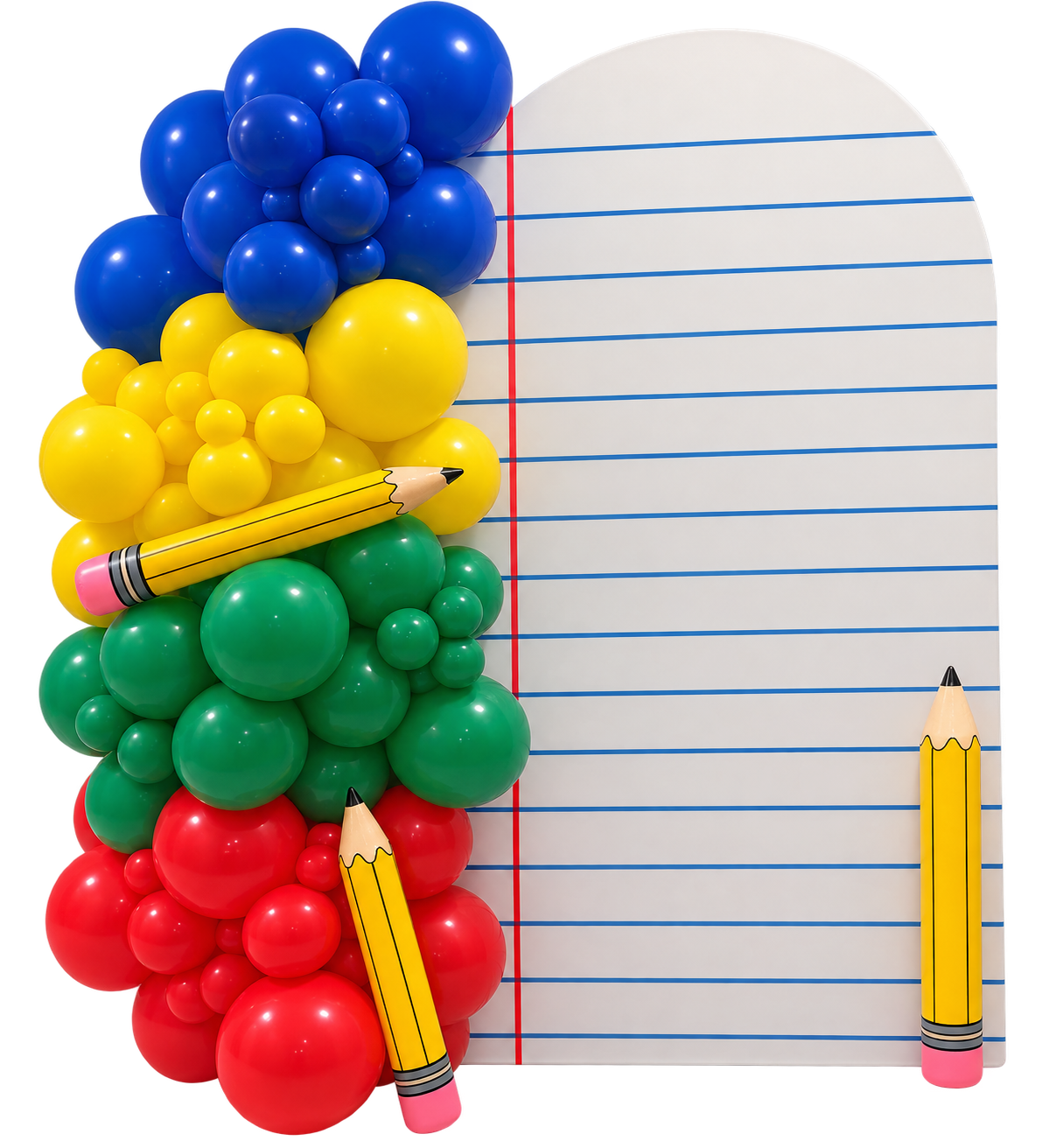 Back to school themed balloon garland with an oversized notebook backdrop and pencil props
