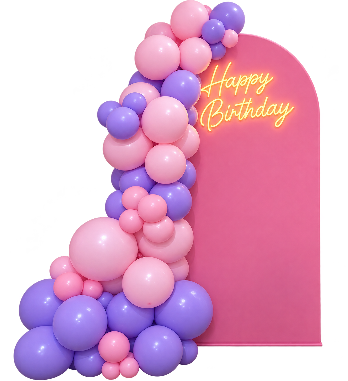 Pink and lilac balloon garland on a fuchsia arch with a neon Happy Birthday sign